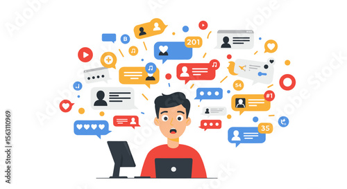 Social media interaction overload vector illustration for digital communication design