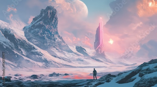 Solitary figure gazes at futuristic neon structure in surreal, snowy alien landscape
