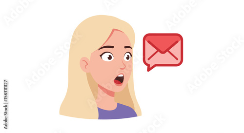 Surprised woman receiving email notification vector illustration - flat style for communication design