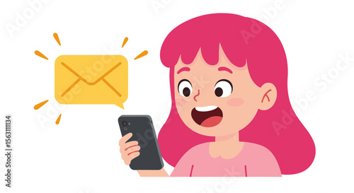Excited girl receiving message on smartphone vector illustration
