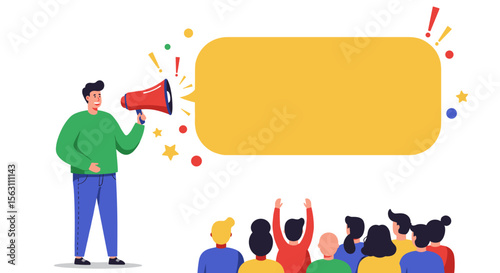 Public announcement vector illustration with speaker and audience in a colorful flat style