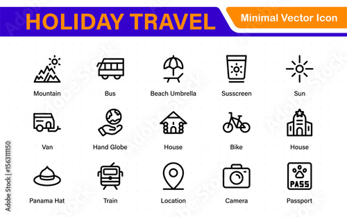 Holiday Travel outline icons set. Travel, hotel, holiday, tourism, beach, plane, map, agent and insurance. Booking, reservation, room, airport, accommodation.