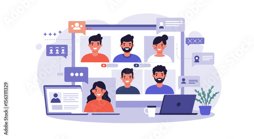 Remote team meeting in a virtual workspace vector illustration for business communication design