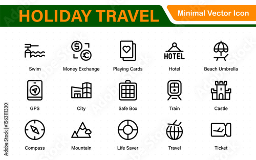 Holiday Travel outline icons set. Travel, hotel, holiday, tourism, beach, plane, map, agent and insurance. Booking, reservation, room, airport, accommodation.