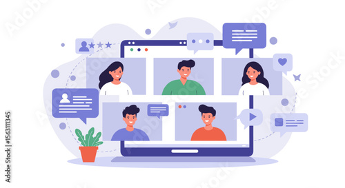 Virtual meeting concept with diverse participants in a modern flat vector illustration for online communication design