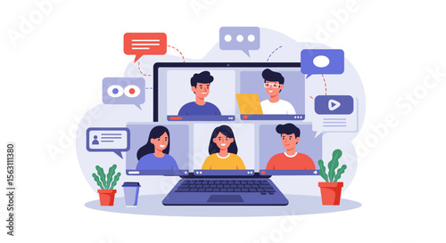 Remote team meeting concept vector illustration for online collaboration and communication design