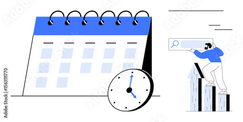 Large calendar with a clock emphasizing time man climbing growth bars to a search bar, symbolizing progress. Ideal for time management, planning, goals, scheduling, progress tracking, productivity