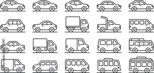 Vehicle Line Icons Pack Featuring Cars, Trucks, Vans, SUVs, Minibuses, and Utility Vehicles in Minimal Outline Style