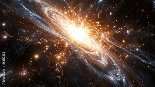 Cosmic Spiral Galaxy with Bright Core and Starry Nebulae in Deep Space