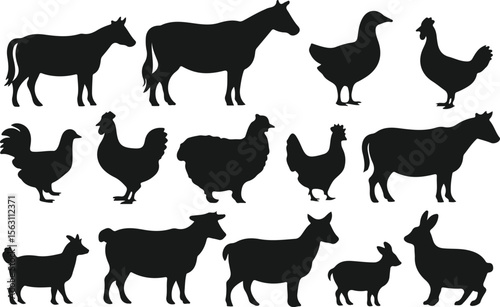 Collection of farm animal silhouettes on a white background for agricultural themes