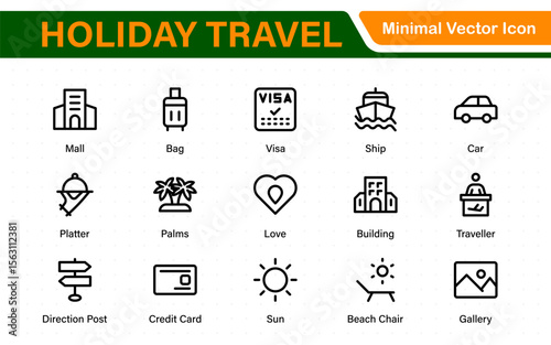 Holiday Travel outline icons set. Travel, hotel, holiday, tourism, beach, plane, map, agent and insurance. Booking, reservation, room, airport, accommodation.