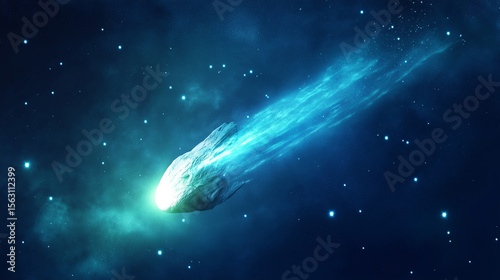 Glowing blue comet streaking through starry night sky in space