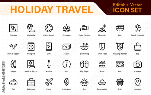 Holiday Travel outline icons set. Travel, hotel, holiday, tourism, beach, plane, map, agent and insurance. Booking, reservation, room, airport, accommodation.