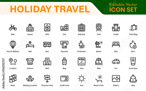 Holiday Travel outline icons set. Travel, hotel, holiday, tourism, beach, plane, map, agent and insurance. Booking, reservation, room, airport, accommodation.