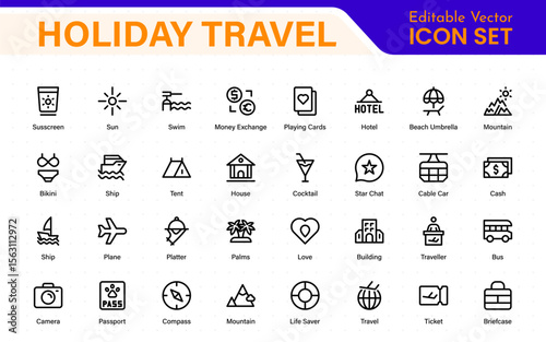Holiday Travel outline icons set. Travel, hotel, holiday, tourism, beach, plane, map, agent and insurance. Booking, reservation, room, airport, accommodation.