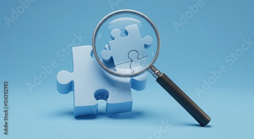 Puzzle pieces under magnifying glass on a light blue background representing problem solving concepts