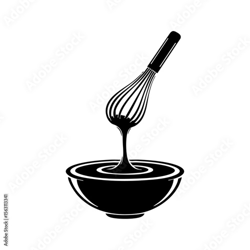 Minimalist black vector of a whisk dipping into a bowl of melted chocolate, symbolizing baking, dessert preparation, and sweet culinary design.

