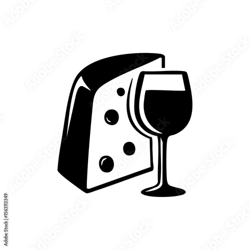 Minimalist black vector of a cheese wedge and wine glass, symbolizing fine dining, culinary experiences, and gourmet tasting events.


