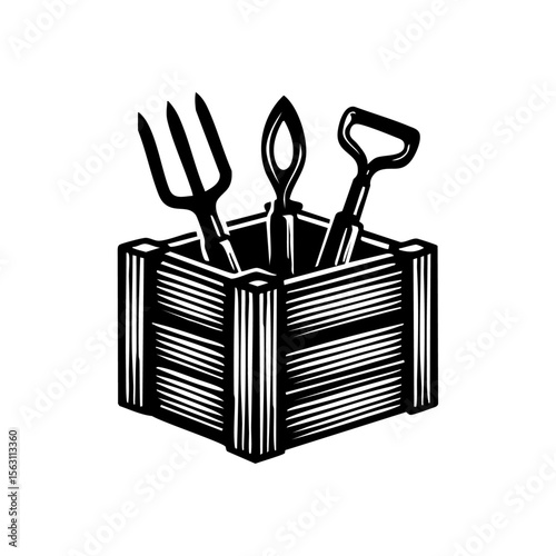 Black vector of a rustic wooden crate holding a fork, pruner, and spade, representing agriculture, gardening, and organic food cultivation.

