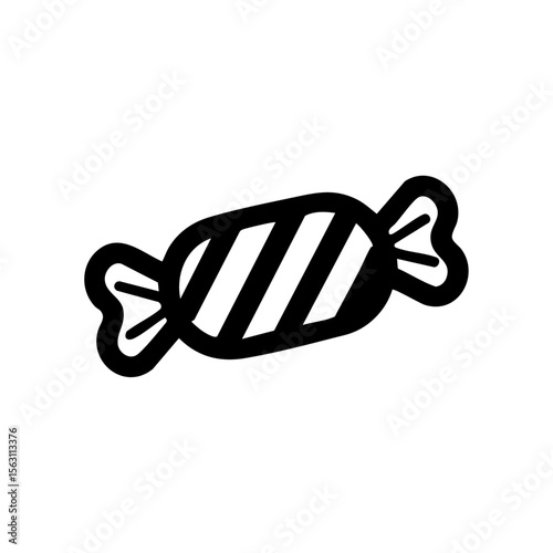 Vector logo of an oval-shaped striped candy with twist ends, designed in a clean minimalist black style for branding sweet treats.

