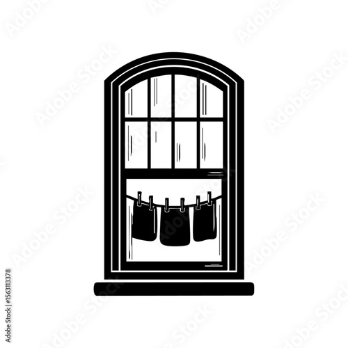 Minimalist black vector of an arched window with small laundry items hanging, symbolizing cozy living, nostalgia, and vintage home aesthetics.

