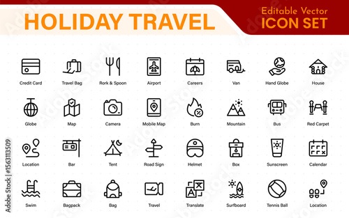 Holiday Travel outline icons set. Travel, hotel, holiday, tourism, beach, plane, map, agent and insurance. Booking, reservation, room, airport, accommodation.