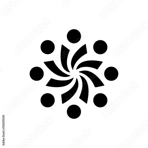 Symbolic spiral logo with surrounding dots representing unity, collaboration, and shared energy in a circular formation.

