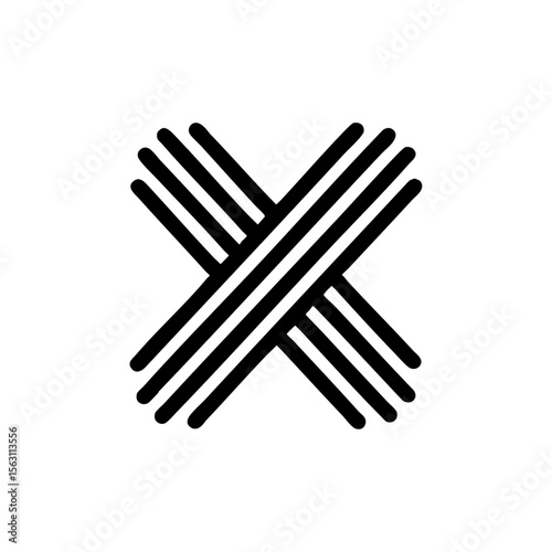Modern abstract X design formed by interwoven black lines symbolizing intersection, collaboration, or textile inspiration in bold simplicity.

