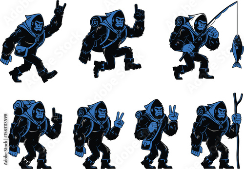 Hiking Gorilla Mascot in Blue Hoodie Poses Illustration