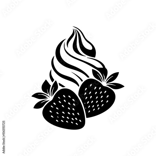 Bold black vector logo of strawberry soft serve dessert with two berries, representing sweetness, summer treats, and indulgent snacks.