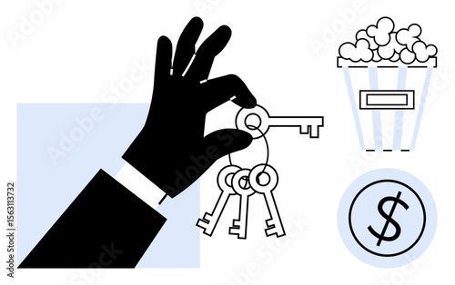 Hand in formal attire holding keys, popcorn bucket, and dollar sign. Ideal for leadership, success, opportunities, investments, wealth, access and decision-making with simple flat metaphor