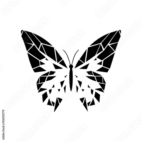 Stylized butterfly with geometric mosaic wings representing transformation, evolution, and artistic rebirth in a clean, modern black silhouette.

