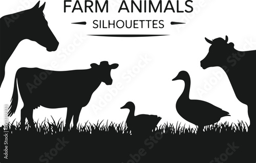 Silhouette collection of farm animals including horse cow and ducks in grass