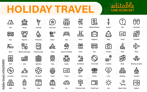 Holiday Travel outline icons set. Travel, hotel, holiday, tourism, beach, plane, map, agent and insurance. Booking, reservation, room, airport, accommodation.