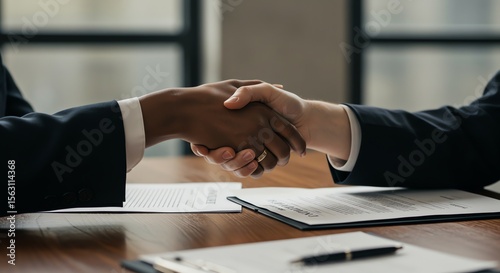 Business handshake with signed agreements on table