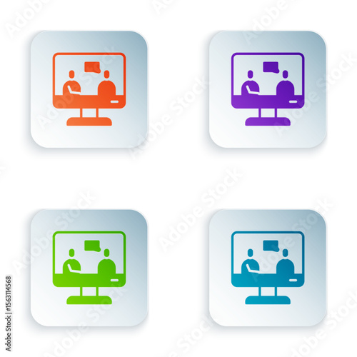 Color Online education and graduation icon isolated on white background. Online teacher on monitor. Webinar and video seminar learning. Set colorful icons in square buttons. Vector Illustration