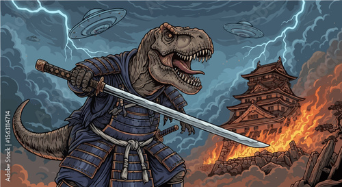 Ferocious T-Rex Samurai in Battle Amid Burning Japanese Castle and UFO Invasion Under Stormy Skies
