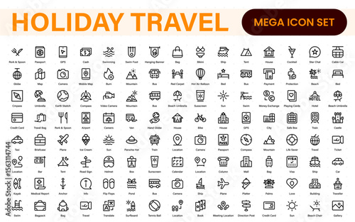 Holiday Travel outline icons set. Travel, hotel, holiday, tourism, beach, plane, map, agent and insurance. Booking, reservation, room, airport, accommodation.
