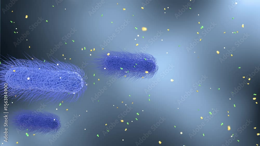 Animation of E. coli in water under a microscope. E. coli swimming under the effect of medicine, 3D animation.