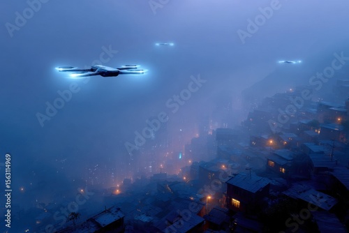 Wallpaper Mural Drones flying over slums in futuristic city at night Torontodigital.ca