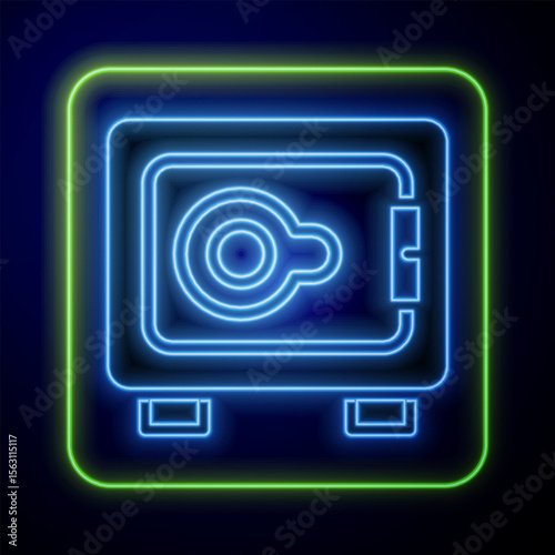 Glowing neon Safe icon isolated on blue background. The door safe a bank vault with a combination lock. Reliable Data Protection. Vector