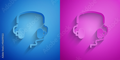 Paper cut Headphones icon isolated on blue and purple background. Earphones. Concept for listening to music, service, communication and operator. Paper art style. Vector