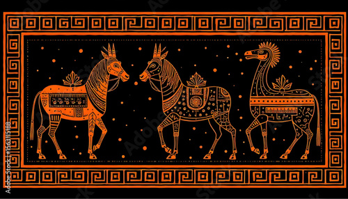 Greek Horse Ornament Vector – Ancient Decorative Animal with Geometric Pattern and Ornate Border, Classical Art for Pottery, Print, and Design Use