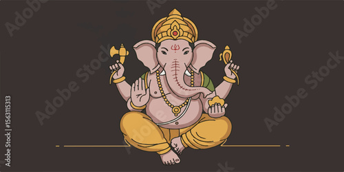 Lord Ganesha Line Art Vector with Flat Colors