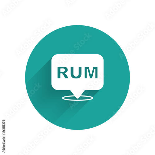 White Alcohol drink Rum bottle icon isolated with long shadow background. Green circle button. Vector