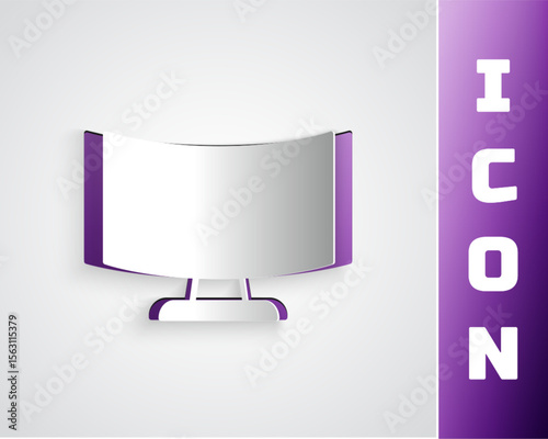 Paper cut Computer monitor screen icon isolated on grey background. Electronic device. Front view. Paper art style. Vector