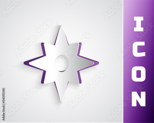 Paper cut Wind rose icon isolated on grey background. Compass icon for travel. Navigation design. Paper art style. Vector