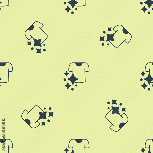 Blue Drying clothes icon isolated seamless pattern on yellow background. Clean shirt. Wash clothes on a rope with clothespins. Clothing care and tidiness. Vector