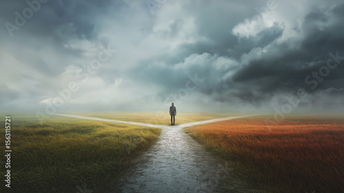 A man standing at a crossroads, two completely different roads diverging in opposite directions