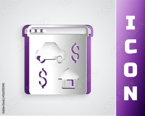 Paper cut Online real estate house in browser icon isolated on grey background. Home loan concept, rent, buy, buying a property. Paper art style. Vector